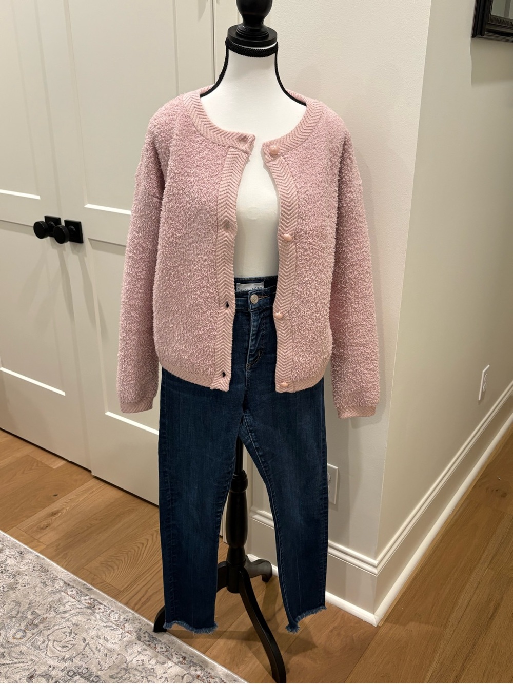 Vici Blush Bouclé Pearl-Button Cardigan